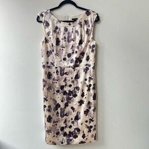 Ann Taylor Silky Midi Sleeveless Gathered Neckline Women's Cream and Purple Flor